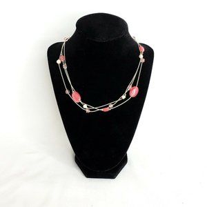 Pink, Pearl and Clear Beaded Silver Necklace
